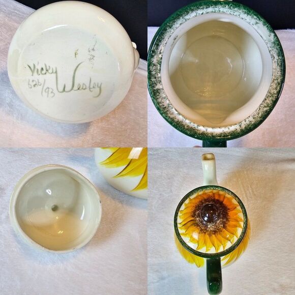 Vintage Vicky Wesley Signed Numbered Sunflower Teapot Bowl Cup Set - Picture 13 of 15
